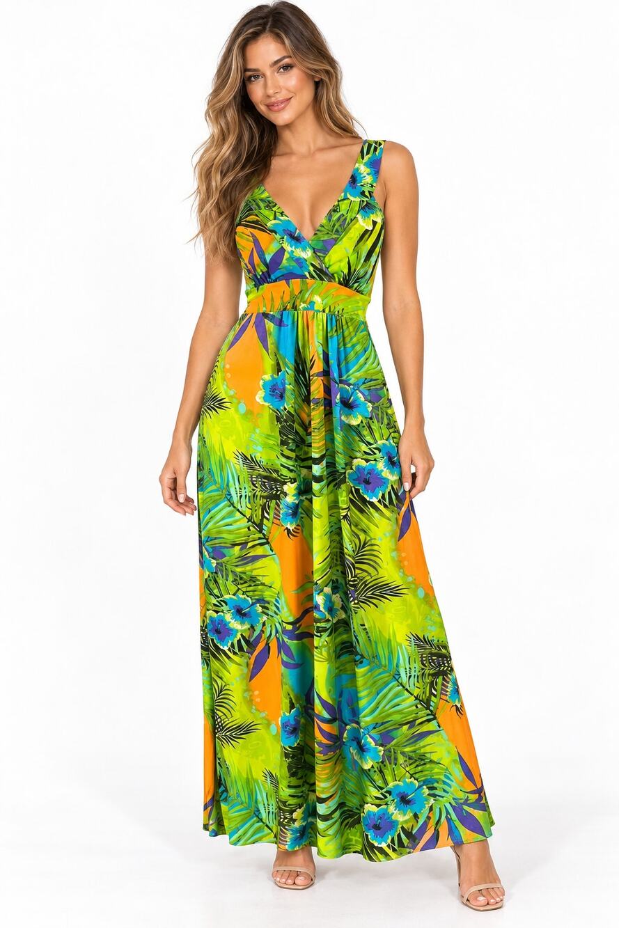 Pretty Young Thing Dress Womens L Green Tropical Floral Empire Waist